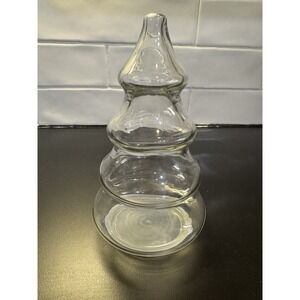 Vintage Clear Glass Christmas Tree Candy Jar 7.5" Plastic Lid Bottom 4 Levels